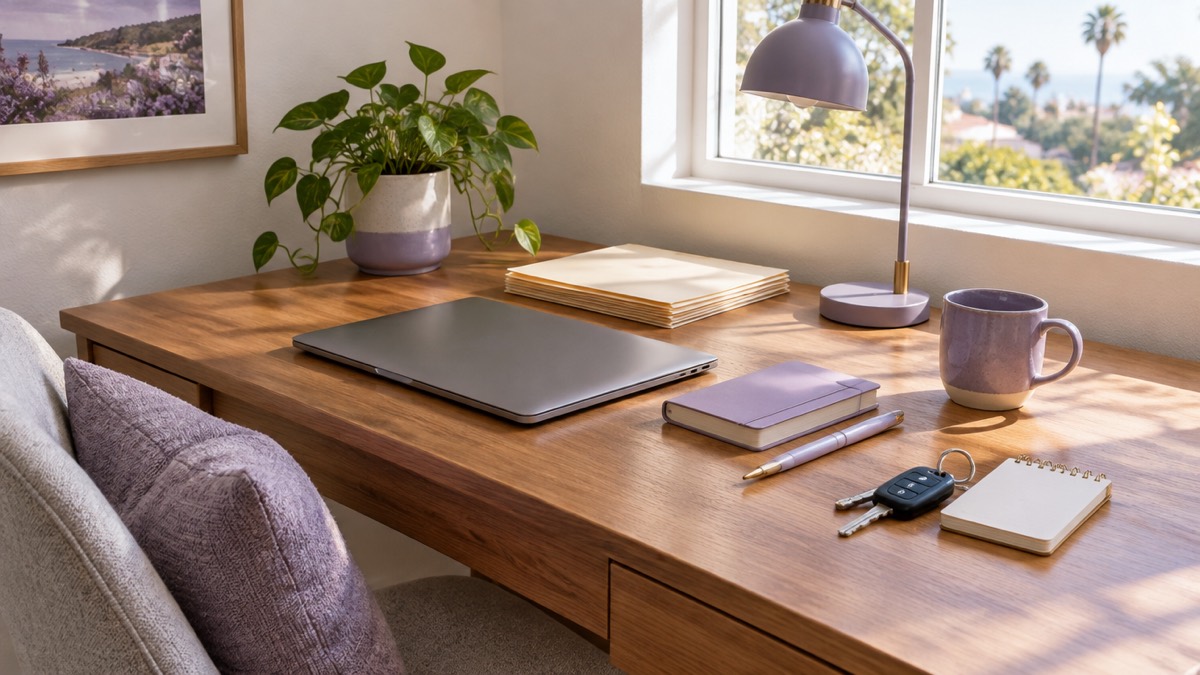 A tidy home office desk by a sunlit window with a closed laptop, file folders, a notebook and car keys - the space and the drives behind a home office deduction