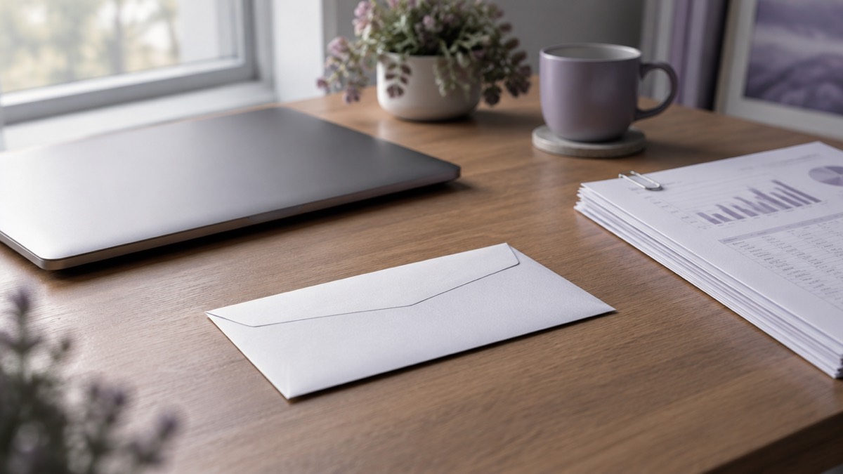 A single envelope on a tidy desk beside a laptop and a stack of financial statements - most IRS audits arrive by mail